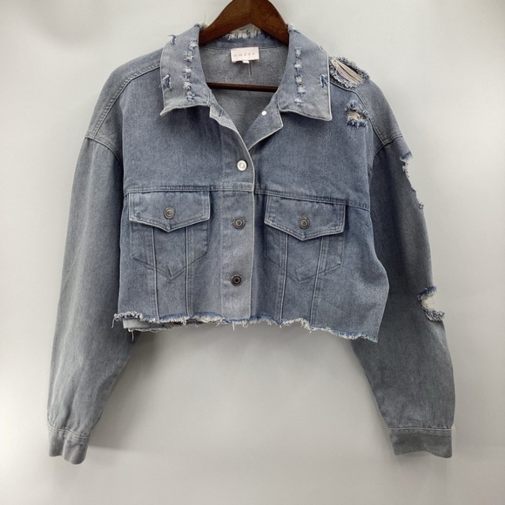 Entro Oversized Frayed Distressed Denim Cropped Jacket